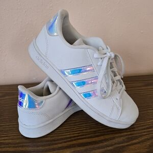 Adidas White Sneakers with Iridescent Blue-Purple Stripes Size 4